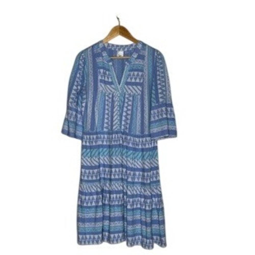 Goa Beachwear by Japna Blue Geometric Tribal Tiered Mini Dress Bell‎ Sleeve L